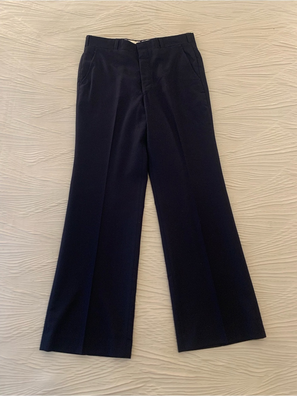 Vintage Navy Blue Flared 100% Wool Flat Front Pants, size 32x30